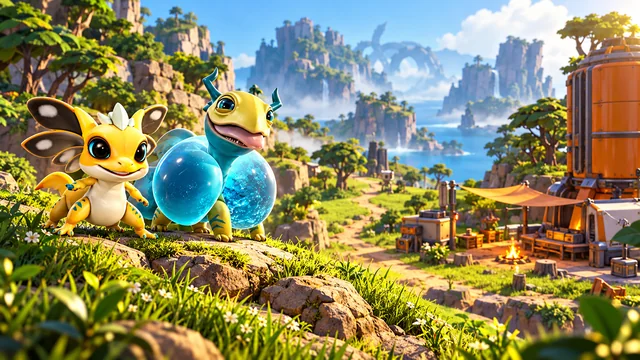 Two AneeMate creatures overlooking a path between an island camp and distant cliffs