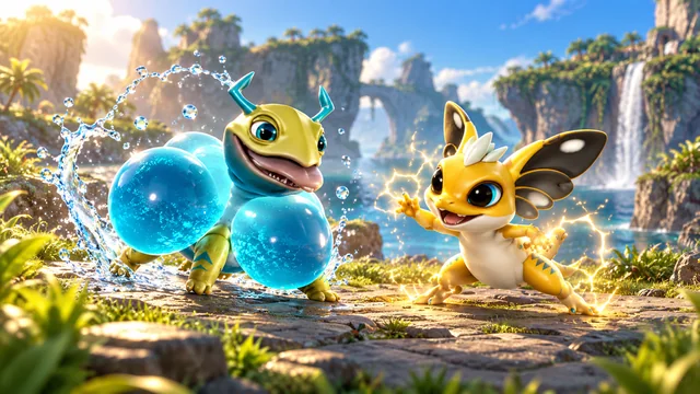 The blue aquatic and yellow AneeMate creatures facing each other with water droplets and gentle sparks