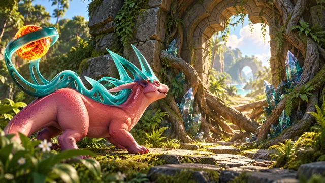Flamisaur beside a stone gateway partly blocked by roots and crystals