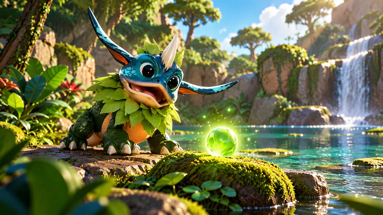 Batine looks at a green nature orb beside a forest pool