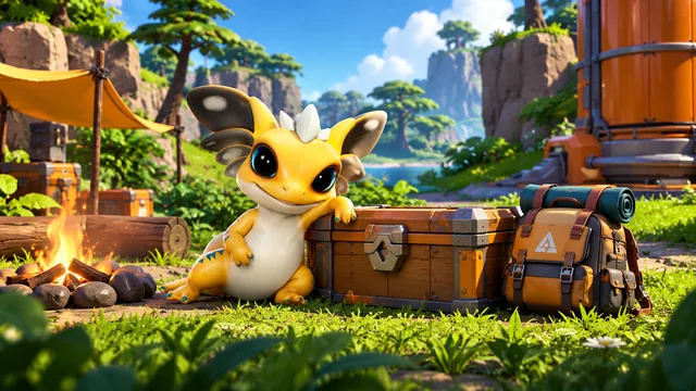 The yellow AneeMate creature resting beside a closed storage chest and a backpack at camp