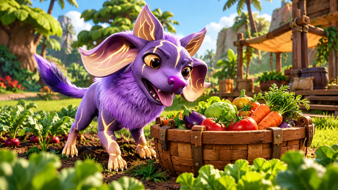 Siorika beside a full harvest basket in a small island vegetable garden