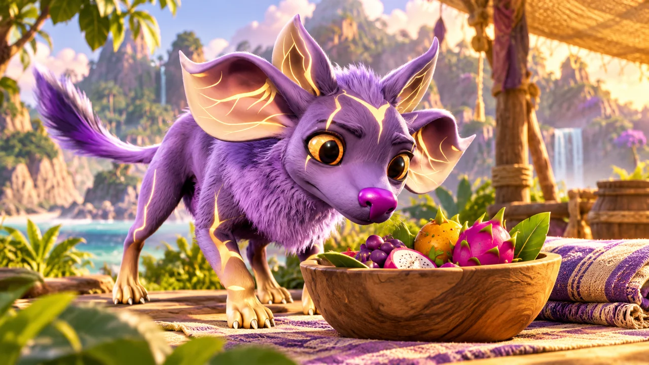 Siorika sniffs a bowl of fruit at an island camp