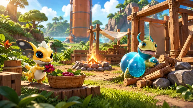 A yellow AneeMate carrying berries beside a turquoise creature and a shared timber camp