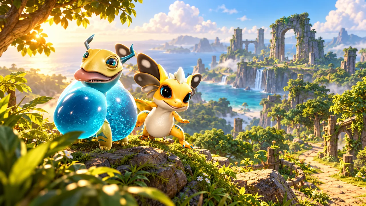 AneeMate creatures exploring a sunlit island path
