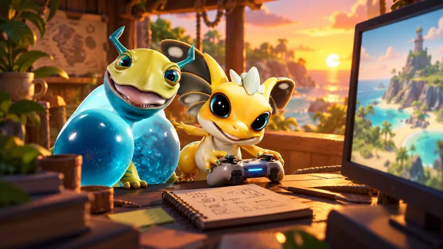 Two AneeMate creatures beside a controller, notebook and island scene on a testing desk